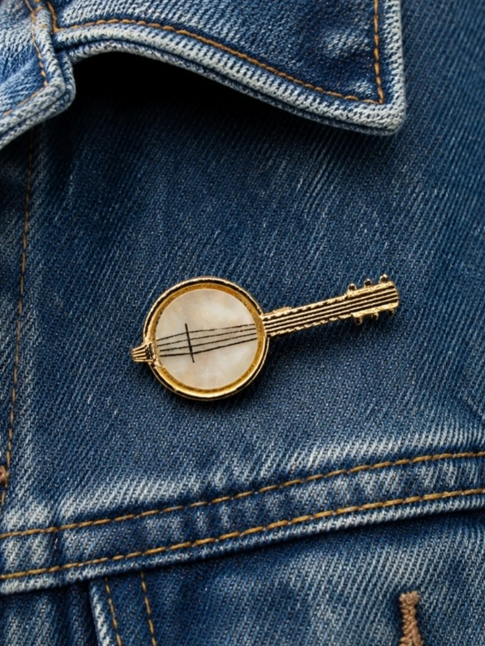 Vintage Banjo Brooch Gold Tone Mother of Pearl Music Pin